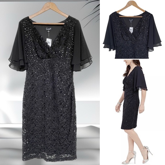 Connected Apparel Party Cocktail Sequined Lace Dress Chiffon Flutter Sleeves - Picture 9 of 13